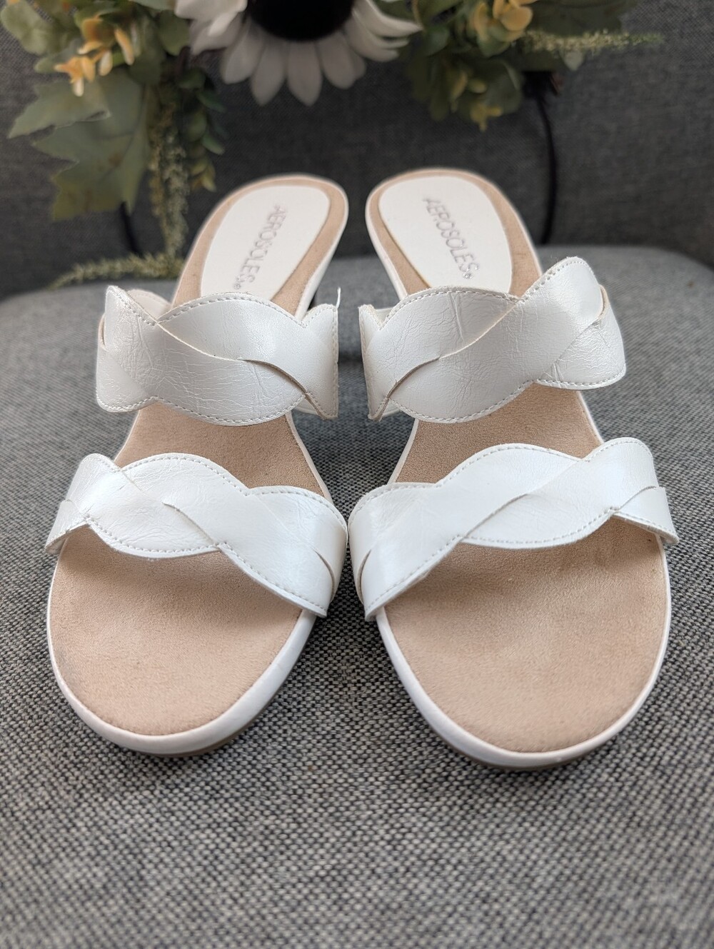 Aerosoles White Braided Double-Strap Slide Sandals